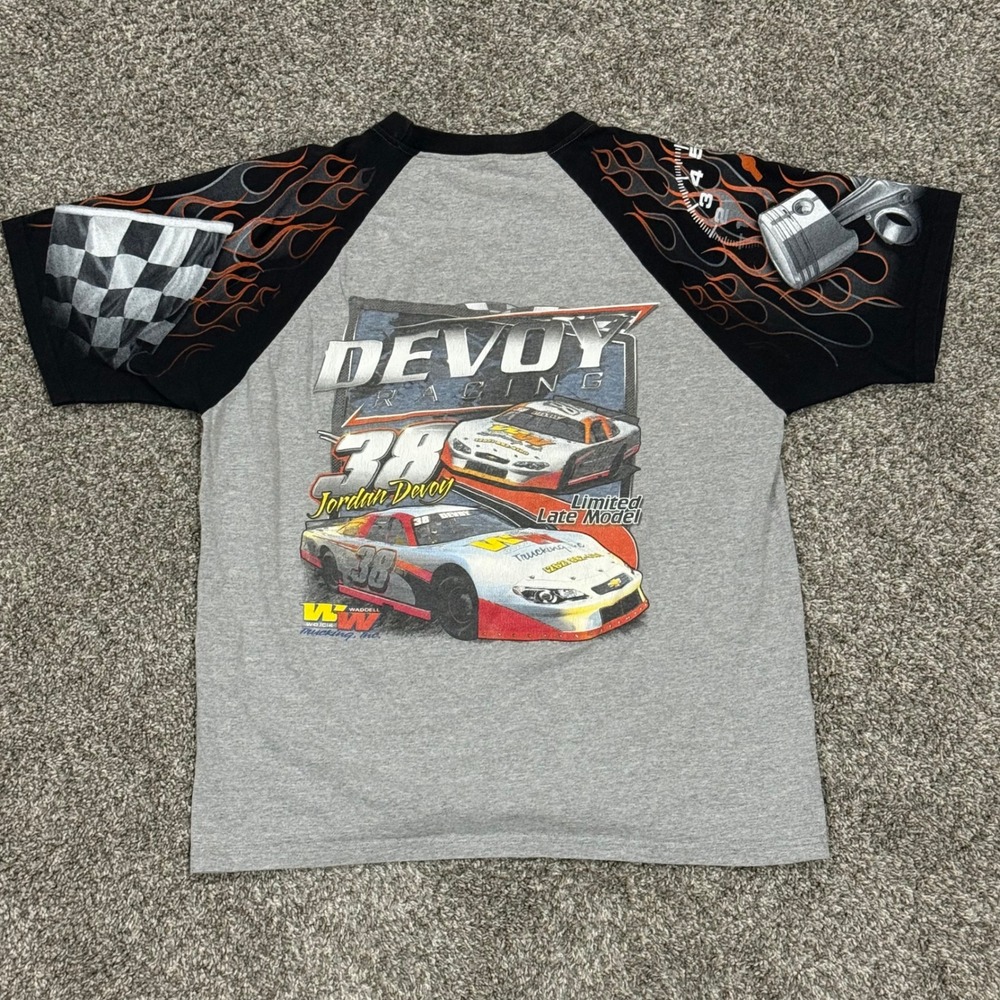 Vintage 90s Jordan Devoy Racing Flame Sleeve Raglan T-Shirt Mens L USA Wisconsin